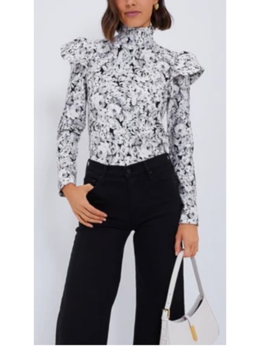 Tuckernuck Mock-Neck Ruffle Shoulder Floral Top in Black & White size L - NEW